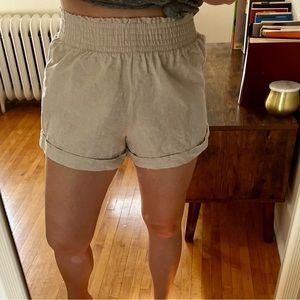 Tan elastic waist linen shorts